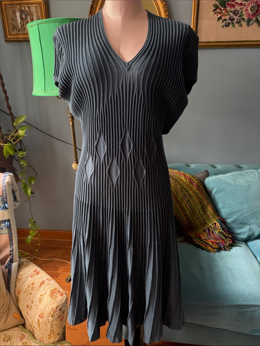 PERUVIAN CONNECTION Teal Cable Knit Pima Cotton Midi Dress Boho Quiet Luxury,